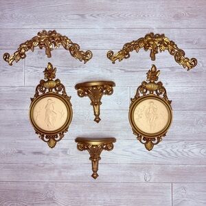 Vintage rare gold swag shelves goddess plaques syroco ornate mcm wall art decor